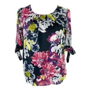Maurices Floral Sheer Pleated Blouse Women's Small Keyhole Back Tied Half Sleeve